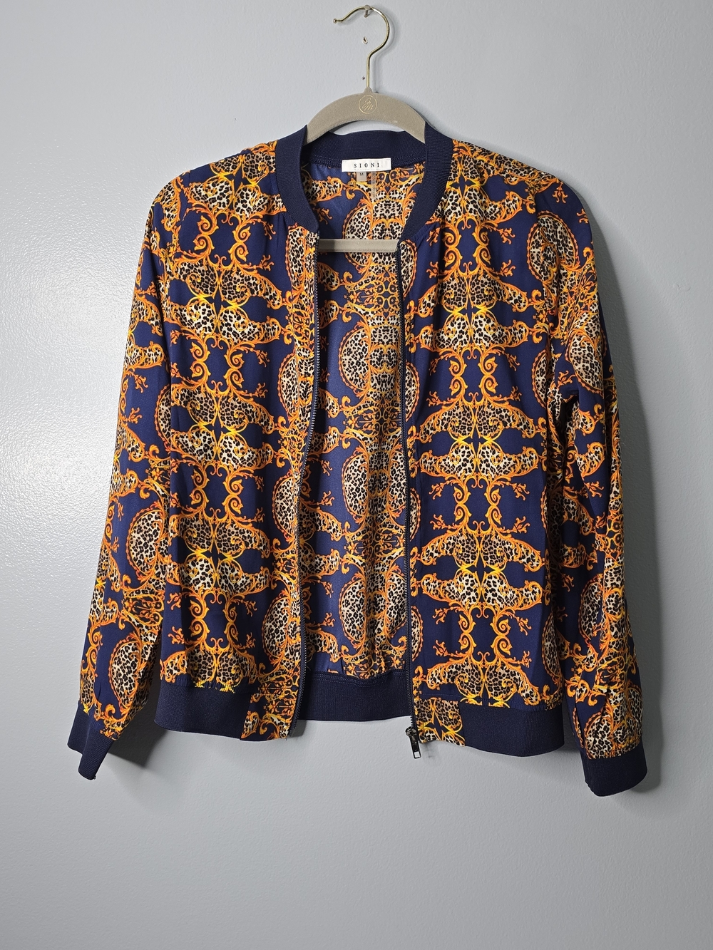 Sioni Navy Gold Leopard Baroque Print Bomber Jacket